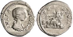 Ancient Coins - Roman: Julia Domna (193-217), silver denarius (3.50g), Rome mint, 193-217 CE. Draped bust right / Cybele, towered, enthroned left between two lions, leaning on drum and holding br