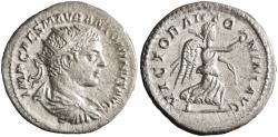 Ancient Coins - Roman: Elagabalus (218-222), silver antoninianus (5.23g), Rome mint, 218-222 CE. Radiate, draped, and cuirassed bust / Victory walking right, holding wreath and palm branch.