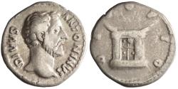 Ancient Coins - Roman: Antoninus Pius (died 161), silver denarius (3.28g), Rome mint, struck under Marcus Aurelius, 162 CE. Bare head right / Square altar with double doors.