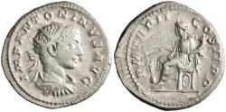 Ancient Coins - Roman: Elagabalus (218-222), silver antoninianus (5.00g), Rome mint, 219 CE. Radiate, draped, and cuirassed bust / Fortuna seated left holding rudder and cornucopiae, wheel under