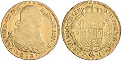 World Coins - Colombia, Spanish Empire, Ferdinand VII, gold 8 escudos, Popayan mint, 1810 CE, draped and cuirassed bust / crowned coat of arms