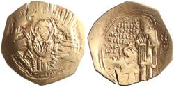 Ancient Coins - Byzantine, Andronicus II, gold/electrum hyperpyron, Constantinople mint, 1282-1294 CE, bust of orans Virgin Mary within walls of the city / Christ holding gospel and placing right
