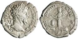 Ancient Coins - Roman: Septimius Severus (193-211), silver denarius (3.42g), Rome mint, 193-211 CE. Victory flying left holding open wreath in both hands over round shield set on low base.