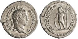 Ancient Coins - Roman: Caracalla (198-217), silver denarius (3.14g), Rome mint, 206 CE. Laureate draped bust / Mars in military dress standing left leaning on shield holding reversed spear.