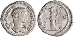Ancient Coins - Roman: Geta, as Caesar (198-209), silver denarius (3.40g), Rome mint, 203-208 CE. Minerva standing left, leaning on shield and holding spear.
