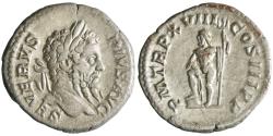 Ancient Coins - Roman: Septimius Severus (193-211), silver denarius (3.32g), Rome mint, 210 CE. Neptune standing left, holding trident, foot on globe.