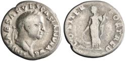 Ancient Coins - Roman: Vespasian (69-79), silver denarius (2.99g), Rome mint, 70 CE. Laureate head right / Fortuna standing left, resting hand on galley prow and holding cornucopiae.