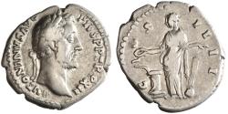 Ancient Coins - Roman: Antoninus Pius (138-161), silver denarius (3.69g), Rome mint, 148-149 CE. Laureate head right / Salus standing facing, head left, holding patera and rudder on globe, feedin