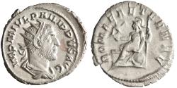 Ancient Coins - Roman: Philip I 'the Arab' (244-249), silver antoninianus (2.88g), Rome mint, 244-247 CE. Radiate, draped, and cuirassed bust / Roma seated left, holding Victory and sceptre, alta