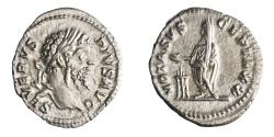 Ancient Coins - Roman: Septimius Severus (193-211), silver denarius (3.17g), Rome mint, 207 CE. Laureate head / Emperor Septimius, veiled, standing, sacrificing from patera over altar.