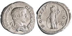 Ancient Coins - Roman: Geta, as Caesar (198-209), silver denarius (3.27g), Rome mint, 203-208 CE. Minerva standing left, leaning on shield and holding spear.