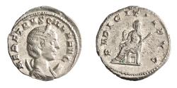 Ancient Coins - Roman: Herennia Etruscilla (249-251), silver antoninianus (4.28g), Rome mint, 249-251 CE. Diademed and draped bust on crescent / Pudicitia seated, holding sceptre and drawing veil