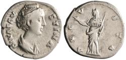 Ancient Coins - Roman: Diva Faustina I (died 141), silver denarius (3.25g), Rome mint, after 141 CE. Diademed and draped bust right, hair coiled on top of head / Ceres standing left, holding shor