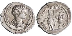 Ancient Coins - Roman: Geta, as Caesar (198-209), silver denarius (3.25g), Rome mint, early 209 CE. Geta standing left, holding branch and spear; trophy to right.