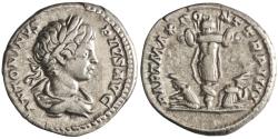Ancient Coins - Roman: Caracalla (198-217), silver denarius (3.88g), Rome mint, 201 CE. Laureate draped bust / Trophy with two captives sitting back to back at its base.