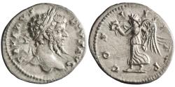 Ancient Coins - Roman: Septimius Severus (193-211), silver denarius (2.85g), Laodicea mint, 202 CE. Laureate head / Victory walking left, holding wreath in right hand, palm in left.