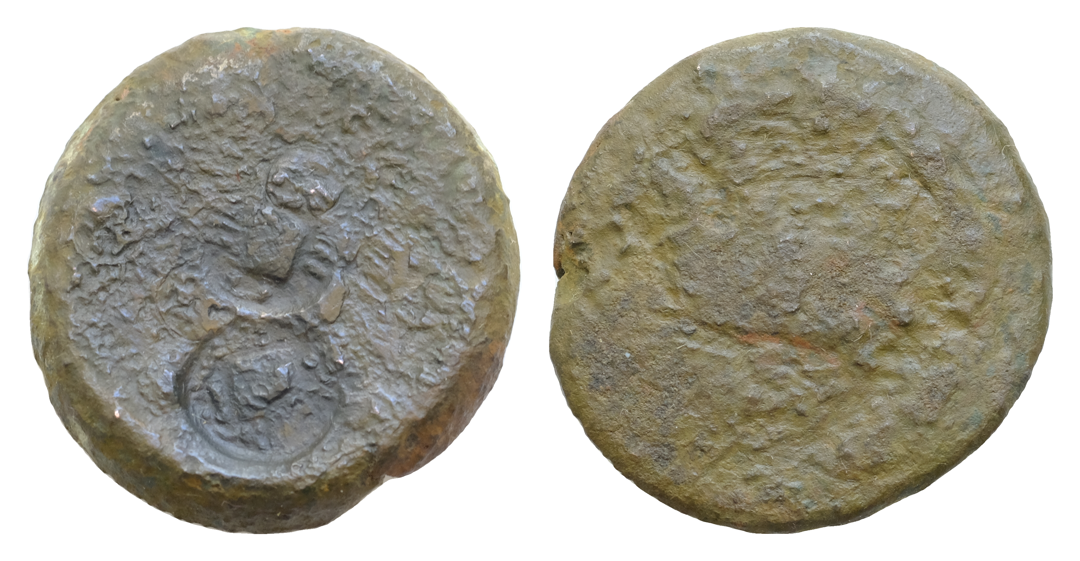 SICILY. Acragas. Ca. 415-380 BC. AE hemilitron (26mm). 18,7g Very Fine.  Uncertain host coin. two Countermark of crab above crayfish within circular  incuse