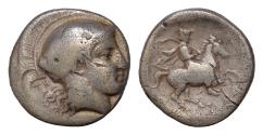 Ancient Coins - THESSALY, Pharsalos. Late 5th-mid 4th century BC. AR Drachm (18mm, 5.54g,). Head of Athena right, wearing crested Attic helmet decorated with a wing / Horseman riding right,