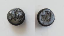 Ancient Coins - LESBOS, Uncertain. Circa 550-500 BC. BI Billon Obol 9mm 1,37 g  Heads of two confronted bulls, incuse square punch.