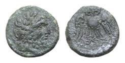 Ancient Coins - LUCANIA, Velia. Circa 350-300 BC. Æ 13mm (1.79 gm). laureate head of Zeus left / Owl facing