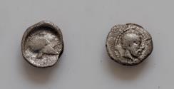 Ancient Coins - Sicily, Himera, c. 430 BC. AR Litra (8,5mm, 0.44g). Bearded head r., wearing tainia. R/ Helmet.