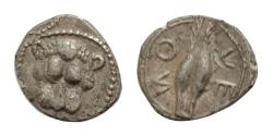 Ancient Coins - Sicily, Leontini AR Obol. Circa 476-466 BC. Facing lion's scalp / Barley grain; ΛEON around.