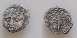 Ancient Coins - SICILY, Motya. Circa 415/10-397 BC. AR Litra (13mm, 0.6g, ). Facing gorgoneion / Palm tree. Jenkins, Punic pl.