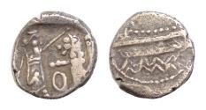 Ancient Coins - SAMARIA. Circa 375-333 BC. AR8mm Obol (0,61gm). Phoenician galley sailing  / Persian king slaying lion;  Good VF,