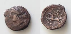Ancient Coins - BRUTTIUM, The Brettii. c. 211-208 BC. Æ17.5mm, 4,18 g, Second Punic War issue. Winged and diademed bust of Nike left; / Zeus, holding thunderbolt and scepter, driving biga left