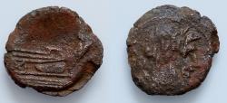 Ancient Coins - Anonymous Æ 20mm 4g. uncertain .after 211 BC. Laureate head of Saturn to right / Prow to right Very Fine ! Very rare !