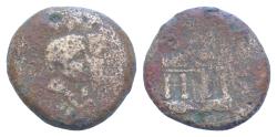 Ancient Coins - Roman Provincial ISLANDS off SICILY, Sardinia. Caralis. Circa 40 BC. Æ (29mm, 25.5g,). Aristo–, Mutumbal, and Ricoce, suffetes. Jugate male heads right / Tetrastyle temple façade;