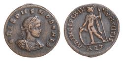 Ancient Coins - Crispus, Caesar, 316-326. Follis Silvered 19 mm 3.1g Aquileia, 317. CRISPVS NOB CAES Laureate, draped and cuirassed bust of Crispus to right. Rev. PRINCIPIA IVVENTVTIS / AQT Mars