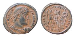 Ancient Coins - Constantine I (307/310-337). Æ Follis (18mm, 2,3g, ). Antioch, 335-7. Diademed, draped and cuirassed bust r. R/ Two soldiers