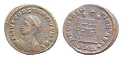 Ancient Coins - Constantius II (Caesar, 324-337). Æ Follis (18mm, 3.g). Nicomedia, 328-329. Laureate, draped and cuirassed bust l. R/ Camp gate with two turrets, star above