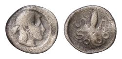 Ancient Coins - SICILY, Syracuse. Second Democracy. 466-405 BC. AR Litra 11mm, 7 g, Struck circa 460-450 BC. Head of Arethousa right, wearing pearl tainia / Octopus VF