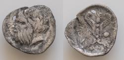 Ancient Coins - Sicily, Catana. Litra c.420-410, AR14mm, 0,8g. Bare head of Silenus l.  KATA – [NAION] Winged thunderbolt between two shields