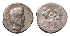 Ancient Coins - L. Titurius L.f. Sabinus, 89 BC. Denarius (Silver, 18mm, 3.26g,), Rome  two soldiers hurling shields onto Tarpeia; above, star in crescent.