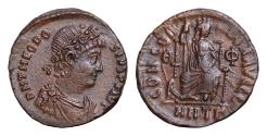 Ancient Coins - Theodosius I Æ Bronze Follis 2.40g. 17,5mm. Antioch 375-395 AD  CONCORDIA AVGGG, Constantinopolis, helmeted, enthroned good Very Fine
