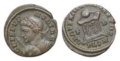Ancient Coins - Crispus. Caesar, A.D. 317-326. Æ follis (18mm, 3.8g,). London mint, Struck A.D. 322-323. CRISPVS NOBIL C, laureate and cuirassed bust left, holding spear and shield /