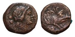 Ancient Coins - LUCANIA, Paestum (Poseidonia). Second Punic War. 218-201 BC. Æ Sextans (16.5mm, 3.93 g, ). Wreathed head of Demeter right; two pellets (mark of value) to left / Forepart of boar
