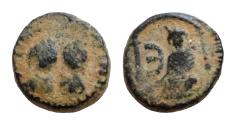 Ancient Coins - Justin I and Justinian I. 1 April -1 August 527. Æ Pentanummium (11mm, 1.9 g). Antioch mint. Crowned facing busts of Justin and Justinian / Statue of Tyche of Antioch seated