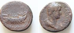 Ancient Coins - Hadrian. AD 117-138. Æ As (27mm, 12g, 5h). Rome mint. Struck circa AD 129-130. Laureate head right / Galley with oarsmen and hortator at stern