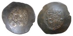 Ancient Coins - Isaac II Angelus. First reign, 1185-1195. BI Silvered Aspron Trachy 28mm, 3,7g, Constantinople mint. The Theotokos enthroned facing, holding head of Holy Infant on lap / Isaac