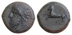 Ancient Coins - Sicily Syracuse. Timoleon and the Third Democracy. 344-317 BC. Æ Dilitron 25mm, 19.3g, . Timoleontic Symmachy coinage Zeus Eleutherios left / Horse rearing left