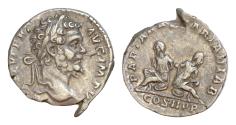 Ancient Coins - Septimius Severus. AD 193-211. AR Denarius (17mm, 2.73 g, ). Rome mint. Struck AD 195. Laureate head right / PART ARAB PAR[T ADIAB], COS II P P