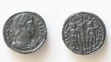 Ancient Coins - Constans (337-350). Æ (16mm, 1.45g, 6h). Siscia, 337. Diademed, draped and cuirassed bust r. R/ Two soldiers standing facing one another, flanking one standard, chi-rho on banner