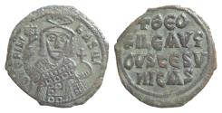 Ancient Coins - Theophilos (829-842 AD). AE Follis (28 mm, 6,6g), Constantinopolis. ΘEOFIL bASIL, facing king, draped and crowned, holding labarum and cross on globe.