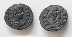 Ancient Coins - Geta, 209 - 212 AD AE18, Thrace, Anchialus Mint, 2.6 grams Obverse: Draped and cuirassed bust of Geta right. Reverse: Winged Genius standing facing, legs crossed and resting on to