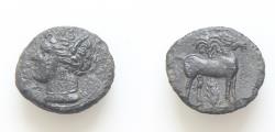 Ancient Coins - CARTHAGE. Circa 400-350 BC. AE Bronze, 16 mm, 2,7g,  Head of Tanit to left, wearing wreath of grain ears. Rev. Horse standing right; palm tree in background