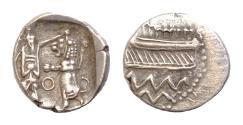 Ancient Coins - Samaria, uncertain mint AR Obol. Circa 375-333 BC. 0,6g.9mm. Sidonian galley to left over waves. Rev: Persian king battling lion, O between; all within incuse square.